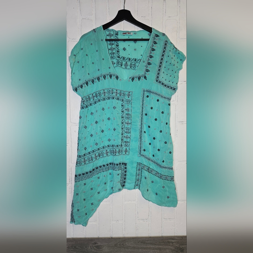 Johnny Was Turqoise Embroidered Tunic Blouse
